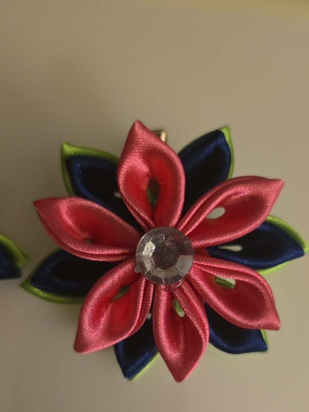 Handmade Pink Navy Green Floral Satin Hair Clips with Crystal Accent - Picture 3 of 5